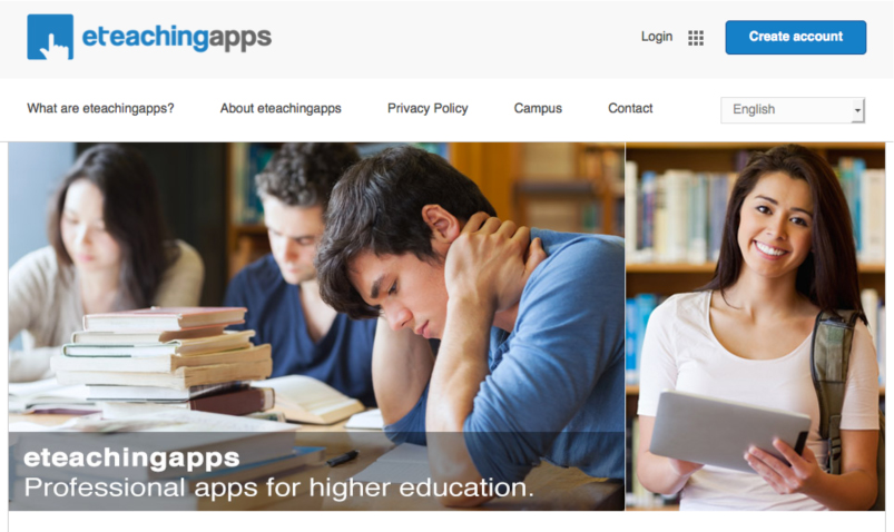 Figure 1: Website    The www.eteachingapps.com website provides background information on app functionality, privacy policy and data security. The subpage “campus” serves as repository of currently available apps. Educator can sign-up (“create account”) or login-to to manage their app.