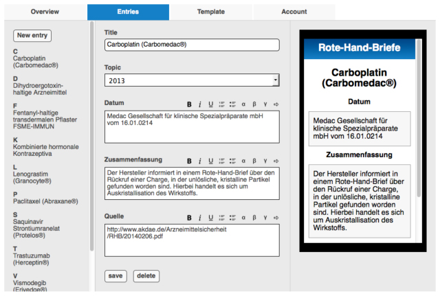 Figure 4: Content management.  In ”entries” app content can be added via the user-configured entry form. Both text and media content can be added. All changes are immediately online and can be accessed by the students. 
