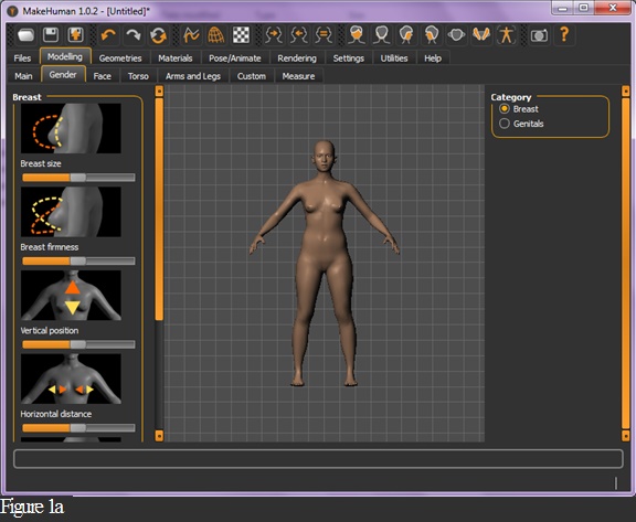 The Graphical user interface for Make human program, Left of the image shows multiple choices elements to control the size and shape of the breast.
